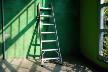  a ladder leaning against a green wall next to a window with a plant in the window sill and a green wall with a window.  generative ai
