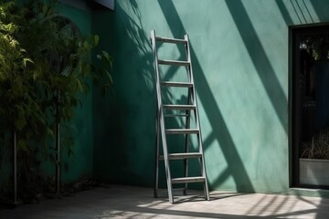  a ladder leaning against a green wall in front of a door with a plant in the corner of the room next to the door is a potted plant.  generative ai