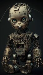 Creepy puppet half robot half human with evil face Generative AI