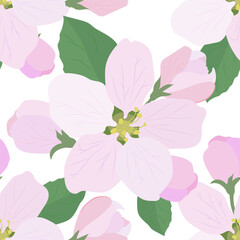 Apple blossoms with green leaves on a white background. Seamless vector pattern.