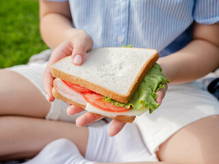 close-up girl holds in her hands a juicy and tasty sandwich with tomatoes and sausage. Lunch in the park