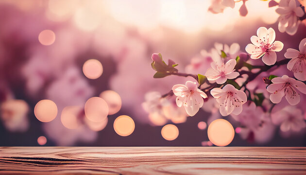 Beautiful pink sakura flowers above a wooden table against a blurred spring background in pastel pink colors, shallow DOF, generative AI