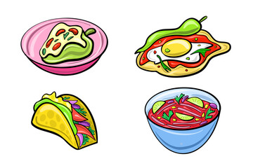 Vector set of Mexican dishes in a cartoon flat style. Latin American culture.