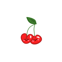 Pair of illustrated cherries with stems and leaf smiling on a transparent background