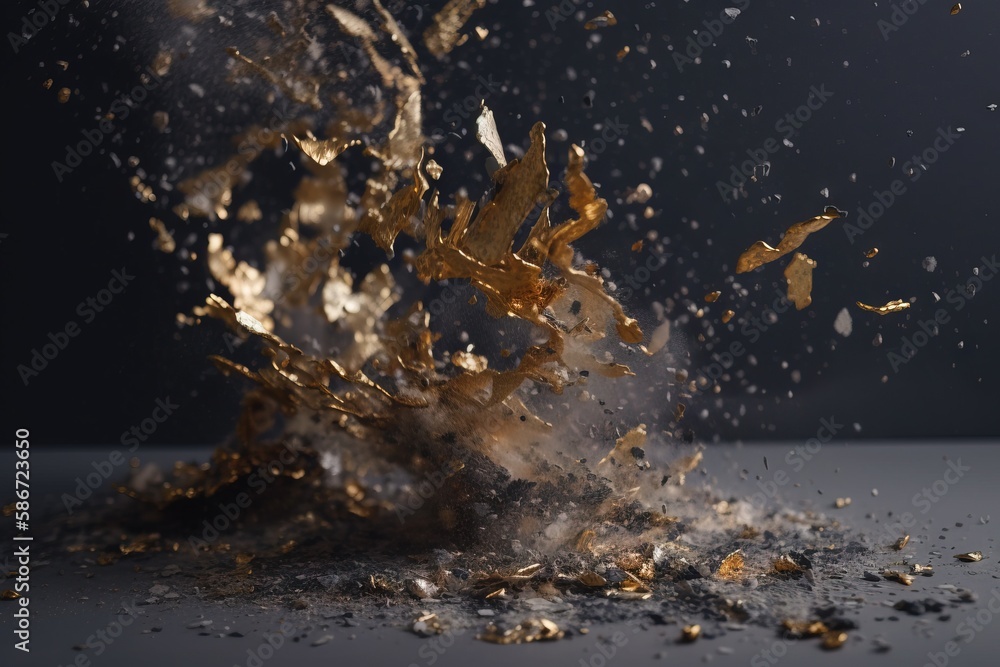 Poster a splash of gold on a black surface with a black background and a black background with a black back