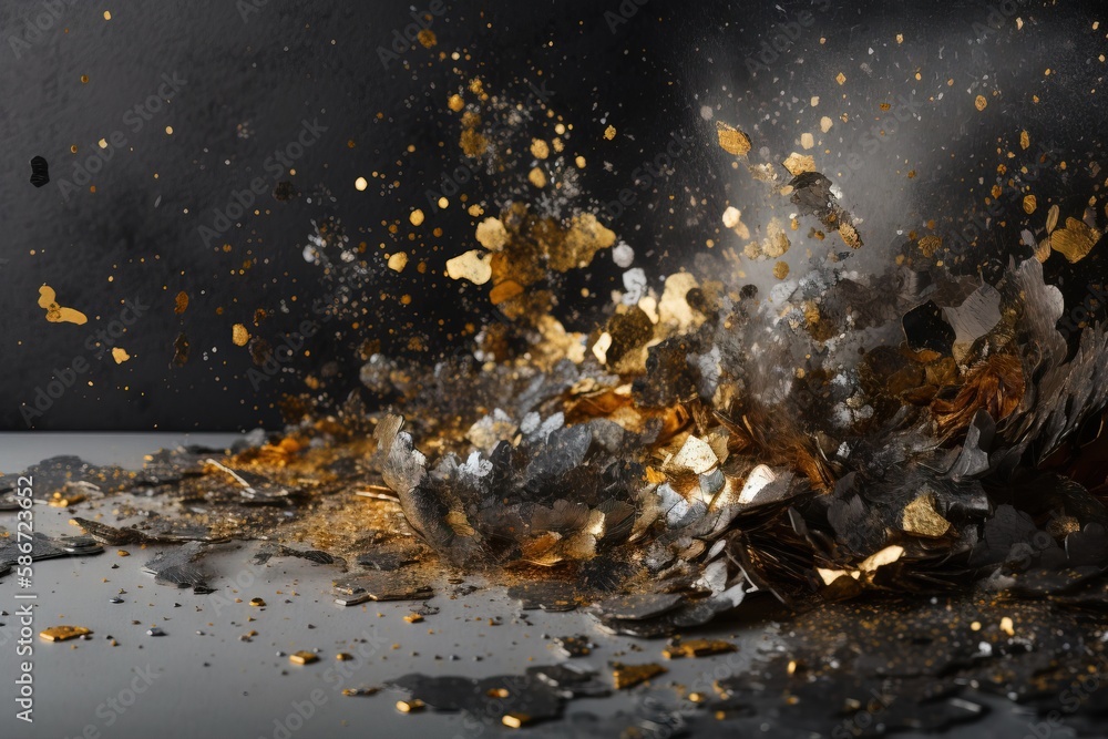 Poster a bunch of gold and silver objects on a black surface with a black background and a black background