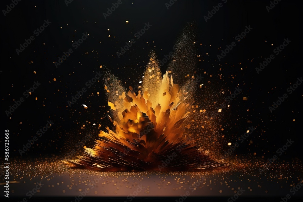 Poster a book is exploding in the air with gold dust flying around it on a black background with a spot of 