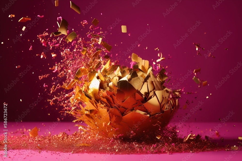 Poster an orange ball is exploding with a lot of confetti on the floor in front of a purple background with