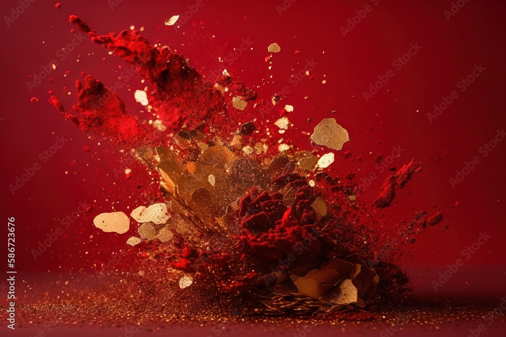 Aufkleber a bunch of red and gold confetti on a red background with a splash of red and gold confetti on top o