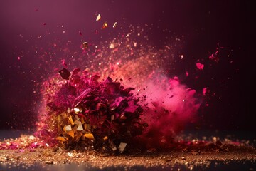  a pile of pink and yellow powder on top of a purple surface with a butterfly flying above the pile of pink and yellow powder on top of the pile.  generative ai