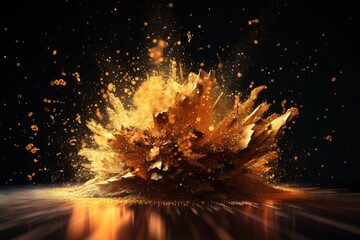  a yellow explosion of fire on a black background with a reflection of the light on the floor and the fire in the middle of the image.  generative ai