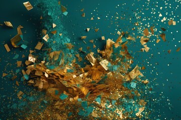 Fototapeta na wymiar a bunch of gold and blue confetti on a blue background with gold confetti scattered around it and scattered around it on a teal green surface. generative ai