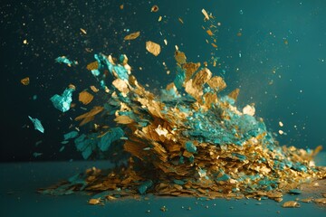 Fototapeta na wymiar a pile of gold and blue confetti on a blue background with a splash of confetti on the top of the pile. generative ai