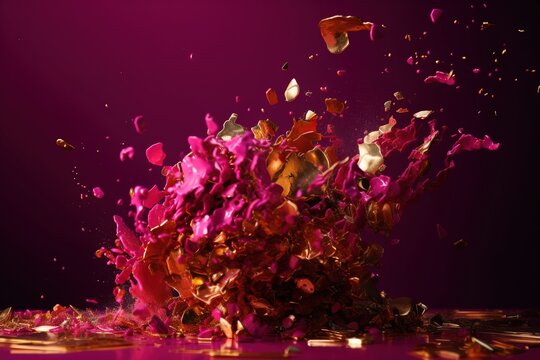  a pile of pink and yellow confetti on a purple background with a splash of pink confetti on the bottom of the image.  generative ai
