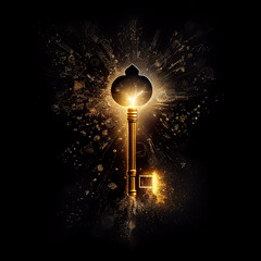 Shiny magic key surrounded by light and sparkles, on dark background. - obrazy, fototapety, plakaty