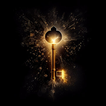 Shiny magic key surrounded by light and sparkles, on dark background.
