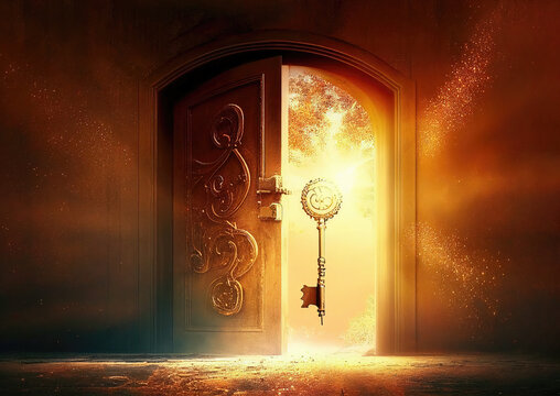 Magic key opening the door to the dimension of light. Golden light coming through the open magical door.