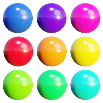 A 3d render collection of colorful plastic balls with transparent background
