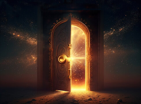 Magical light portal leading to another dimension. Golden light coming through the open door.