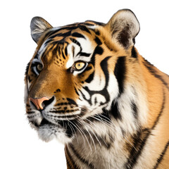 an isolated Bengal tiger front and side view, portrait, Full Face, a fierce jungle-themed photographic illustration on a transparent background in PNG. Generative ai