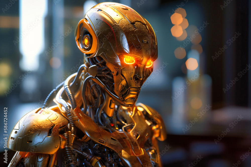 Poster highly advanced humanoid robots seamlessly integrate with human society, performing tasks and coexis
