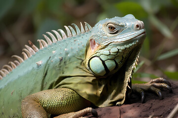 Obraz premium Iguana - Central and South America - A group of reptile species known for their distinctive appearance and ability to change color. They are threatened by habitat loss and hunting (Generative AI)