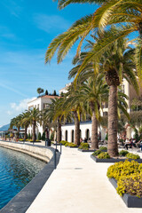 Beautiful sea embankment with palm trees on a sunny day in Porto Montenegro, Tivat, Kotor bay