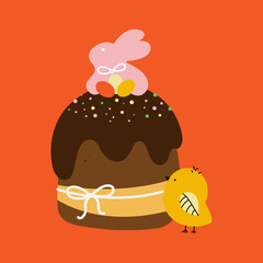 Easter pastries are decorated with a pink bunny. Cupcake, cake, dessert with easter symbols. Cute yellow chick. Vector illustration on a bright background