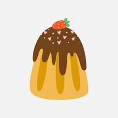 Easter cake decorated with strawberries. Cupcake, cake, dessert with easter symbols. Vector illustration isolated on white background in a flat style