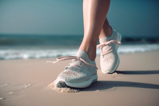 Running on a sandy beach, female legs in sports shoes on the beach near the sea, self quality, close-up, generative ai
