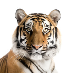 an isolated Bengal tiger front and side view, portrait, Full Face, a fierce jungle-themed photographic illustration on a transparent background in PNG. Generative ai
