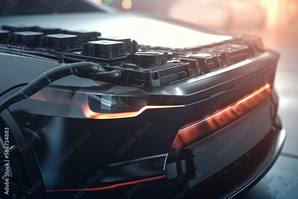 Poster a close up of a car's engine with its lights on and a car in the background with a blurry light behi