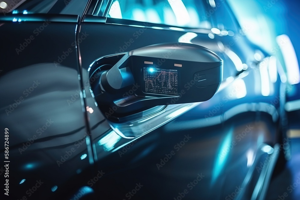 Poster a close up of a car's rear view mirror with a camera attached to the side of the car's side view mir