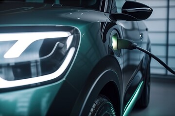  a green car with a white light on it's headlamp and a black car with a white light on it's headlamp.  generative ai