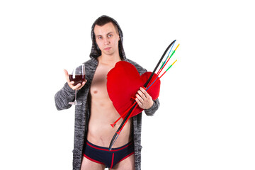 Valentine's Day. Young attractive man. White background.