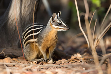Naklejka na ściany i meble Numbat - Western Australia - A small, termite-eating marsupial with distinctive striped fur. They are endangered due to habitat loss and introduced predators (Generative AI)