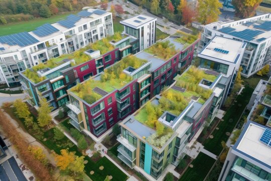 Sustainability in focus. Aerial views of green residential buildings. Generative AI