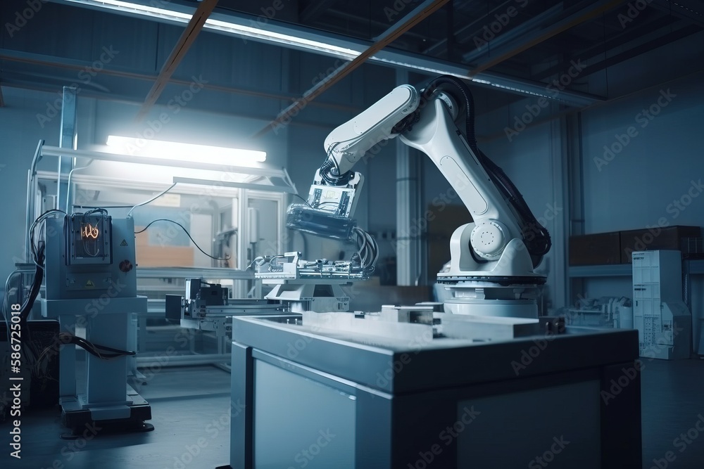 Aufkleber a robotic arm operating on a machine in a room with other machines in the background and a light com