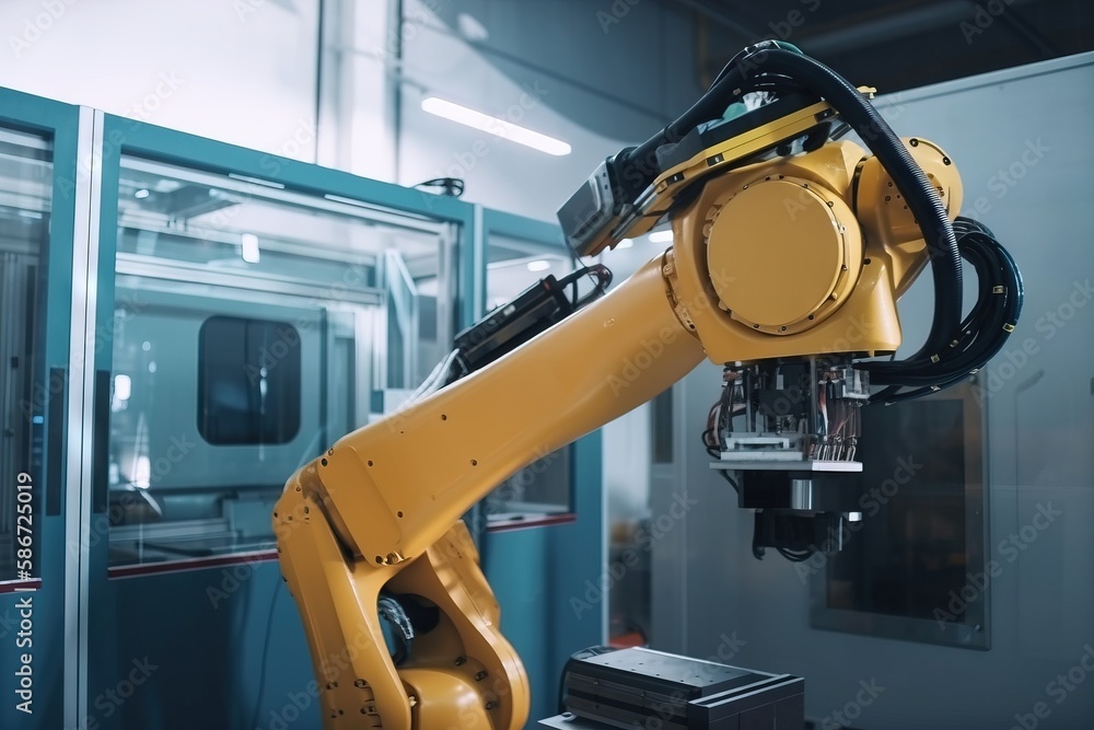 Aufkleber a robotic arm in a factory with a machine in the background and a machine in the foreground with a m