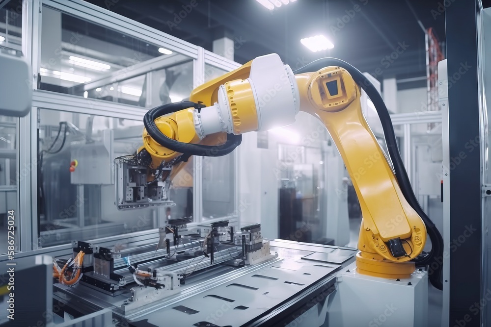 Poster a robotic arm operating on a machine in a manufacturing area with other machines in the background a