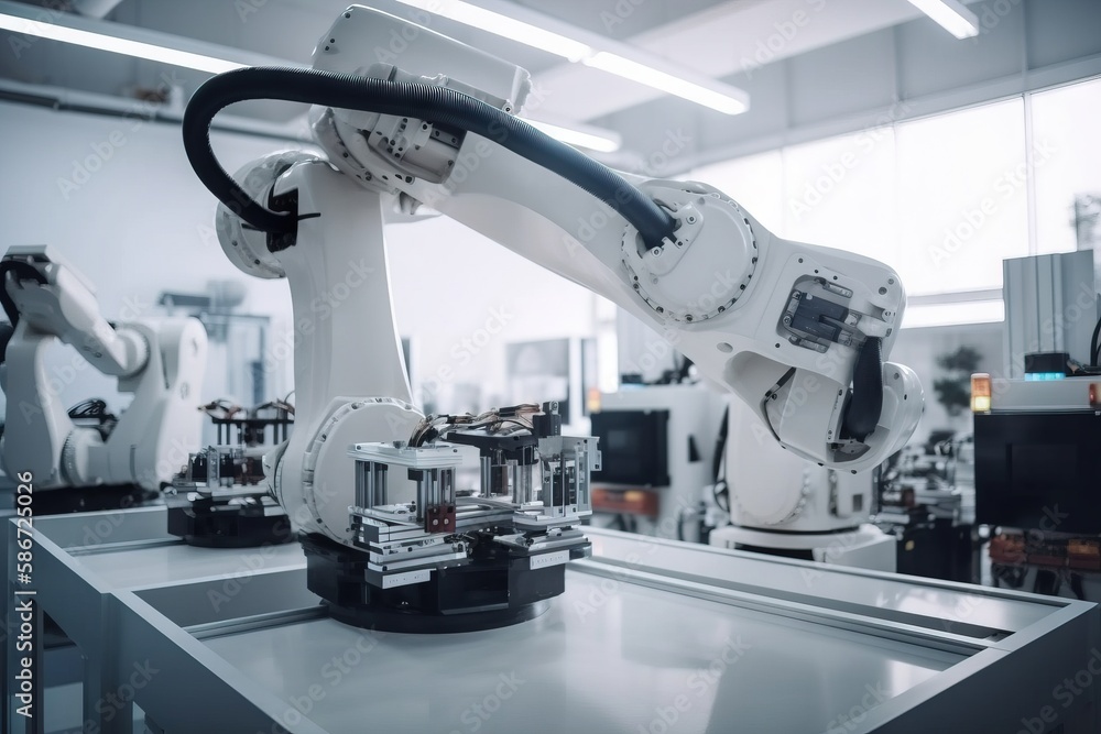 Poster a robotic arm on a table in a room with other robotic arms on the table and a robot on the table in 