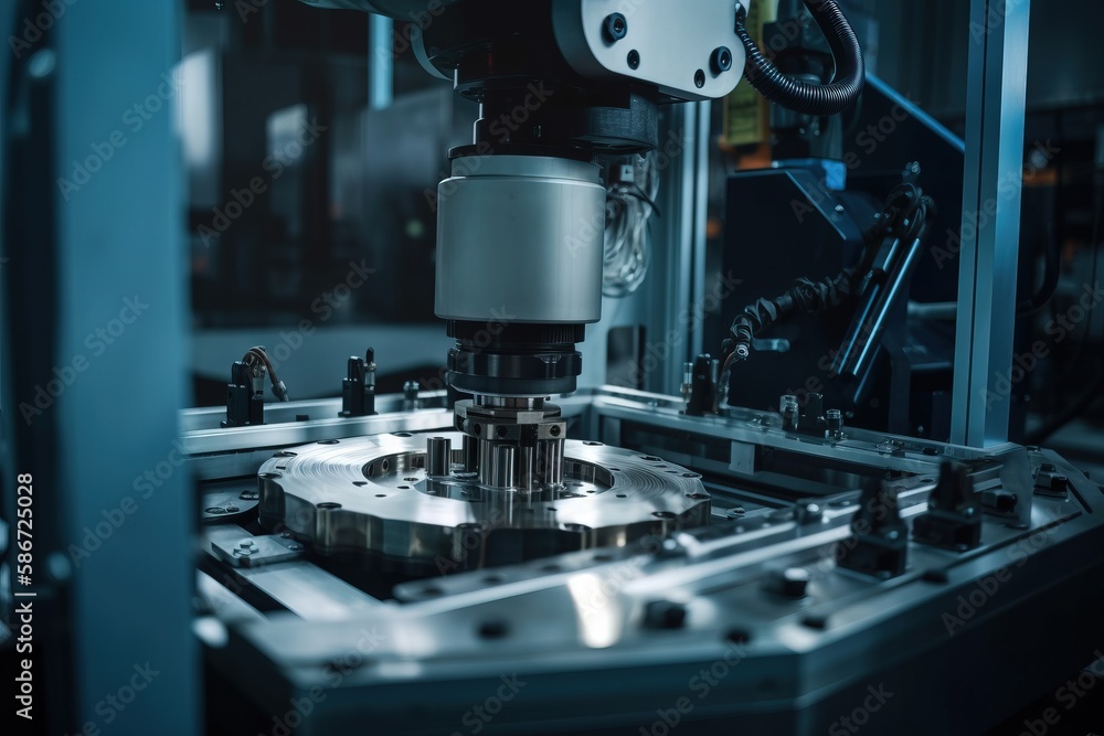 Poster a machine that is working on a piece of metal with a machine tool on it's side and a machine in the 