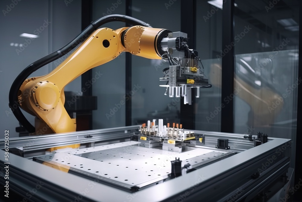 Poster a robotic arm working on a machine in a room with glass walls and a metal table with bottles on top 