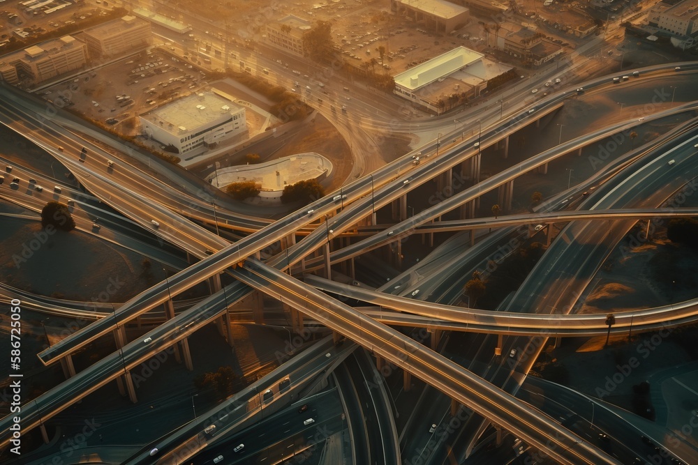 Poster an aerial view of a highway intersection with multiple lanes and a bridge in the background at sunse