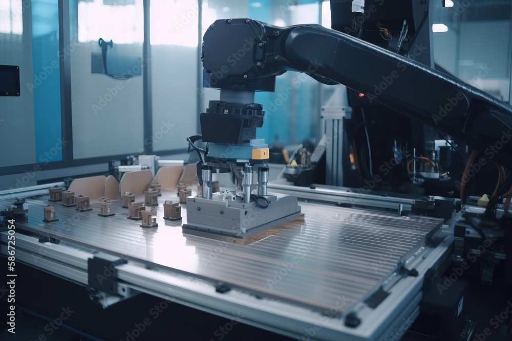 Poster a machine that is working on something in a room with a lot of things on it's side and a robot on th