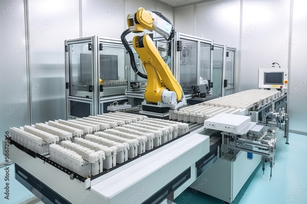 Aufkleber a robot is moving a conveyor belt with trays of food on it in a factory setting with a conveyor belt