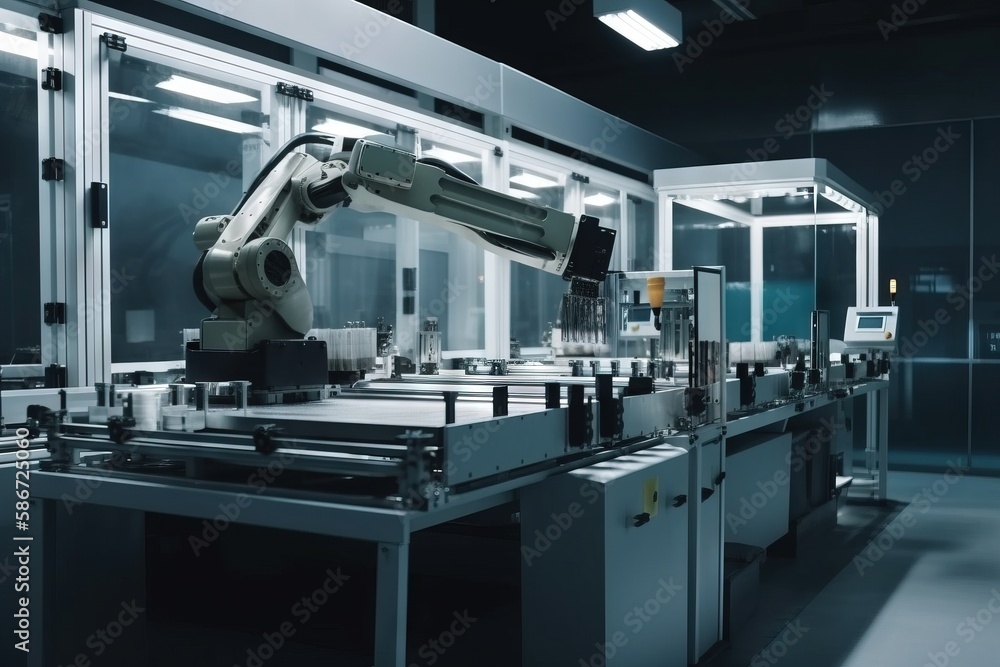 Poster a robotic arm operating on a machine in a room with glass walls and a door leading to another room w