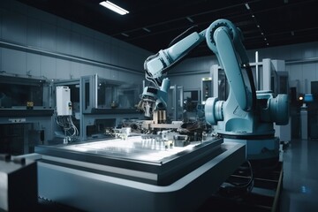  a robotic arm operating on a table in a room with other machines and equipment in the background and a light on the table in the middle of the room.  generative ai