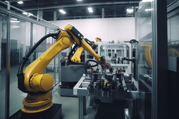  a robotic arm in a factory setting with other machines in the background and lights on the wall behind it and a glass case in the foreground.  generative ai
