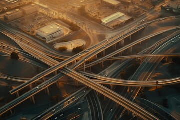 an aerial view of a highway intersection with multiple lanes and a bridge in the background at sunset or sunrise time with a city in the foreground.  generative ai
